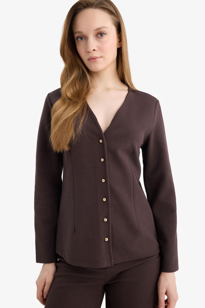 DeFacto Brown Woman Regular Fit V-Neck Cardigan Casual - Image 3